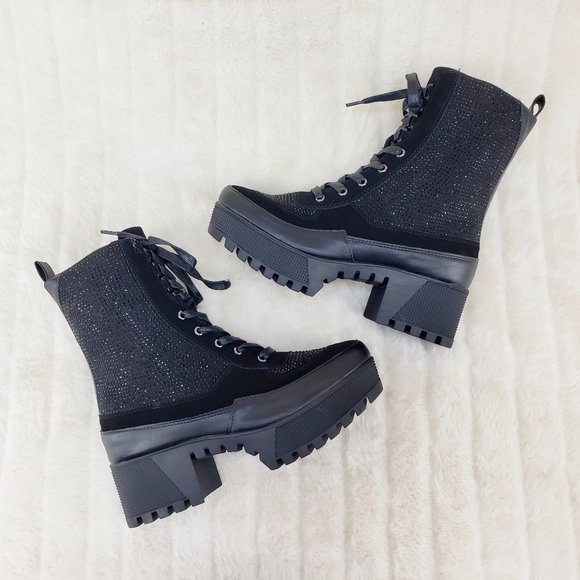 Wild Diva Shoes - Diva Shine Black Rhinestone Platform Combat Ankle Boots
